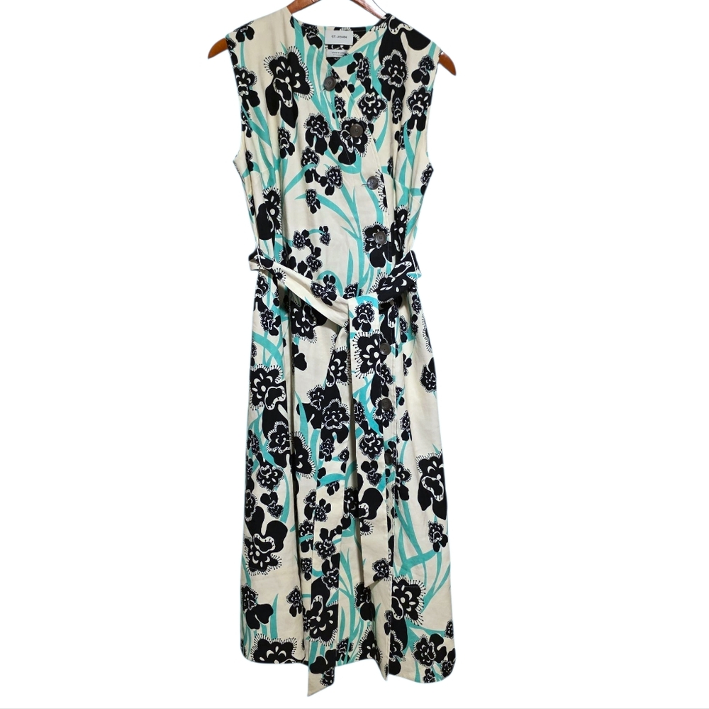 St. John Orchid Fever Print Linen-Blend Shirtdress Size 10 - Picture 3 of 5